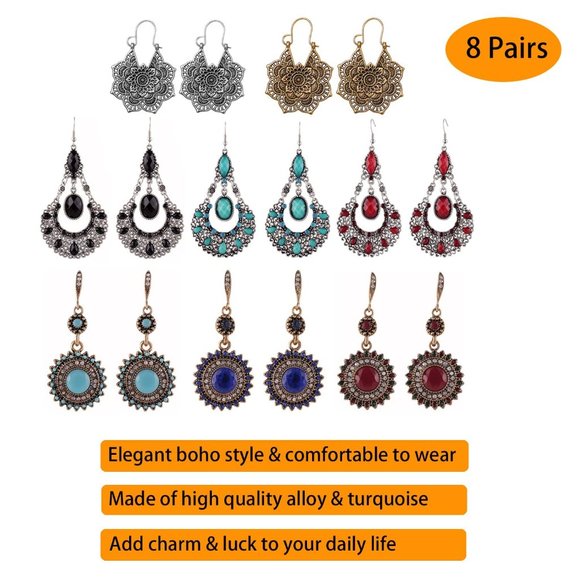 NEW 8 Pairs Boho  Dangle Earrings for Women - Vintage Turquoise Western … - Picture 2 of 6